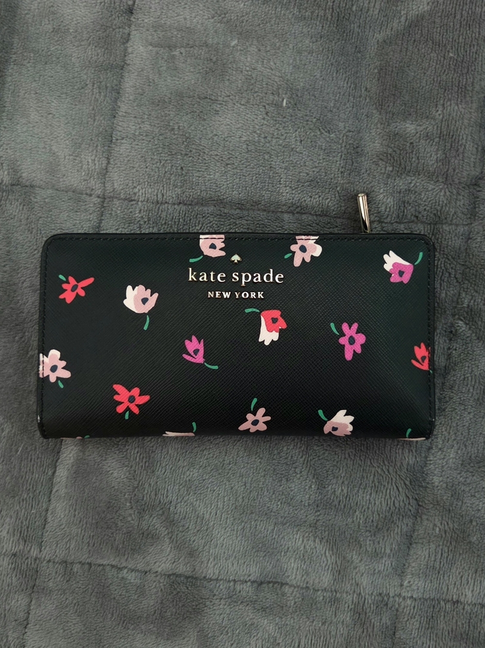 kate spade long black floral wallet with pink & red flowers